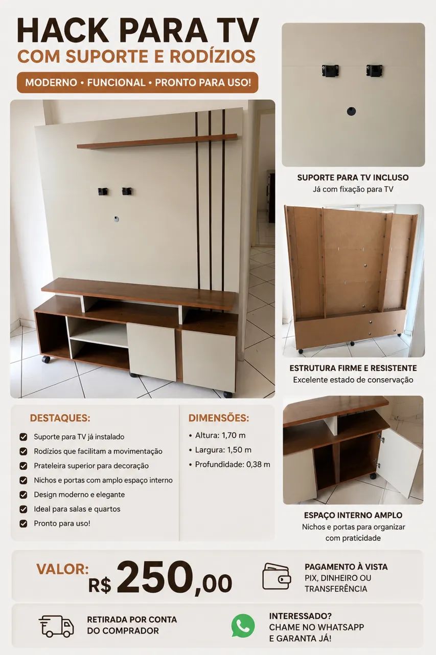 Rack/Hack para TV com Suporte e Rodinhas