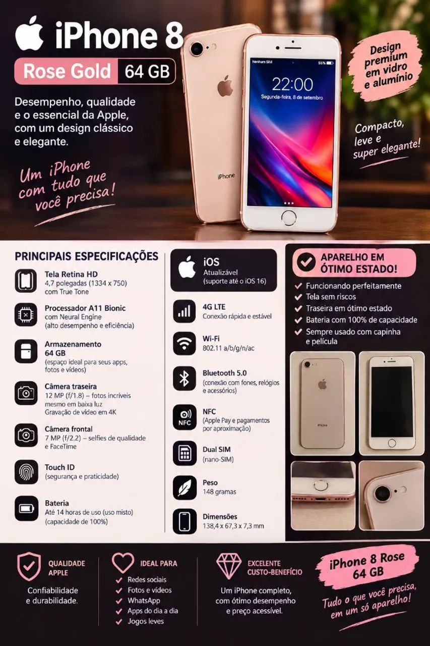 iPhone 8 Rose 64Gb - Celulares e Smartphones - Chácara São Geraldo