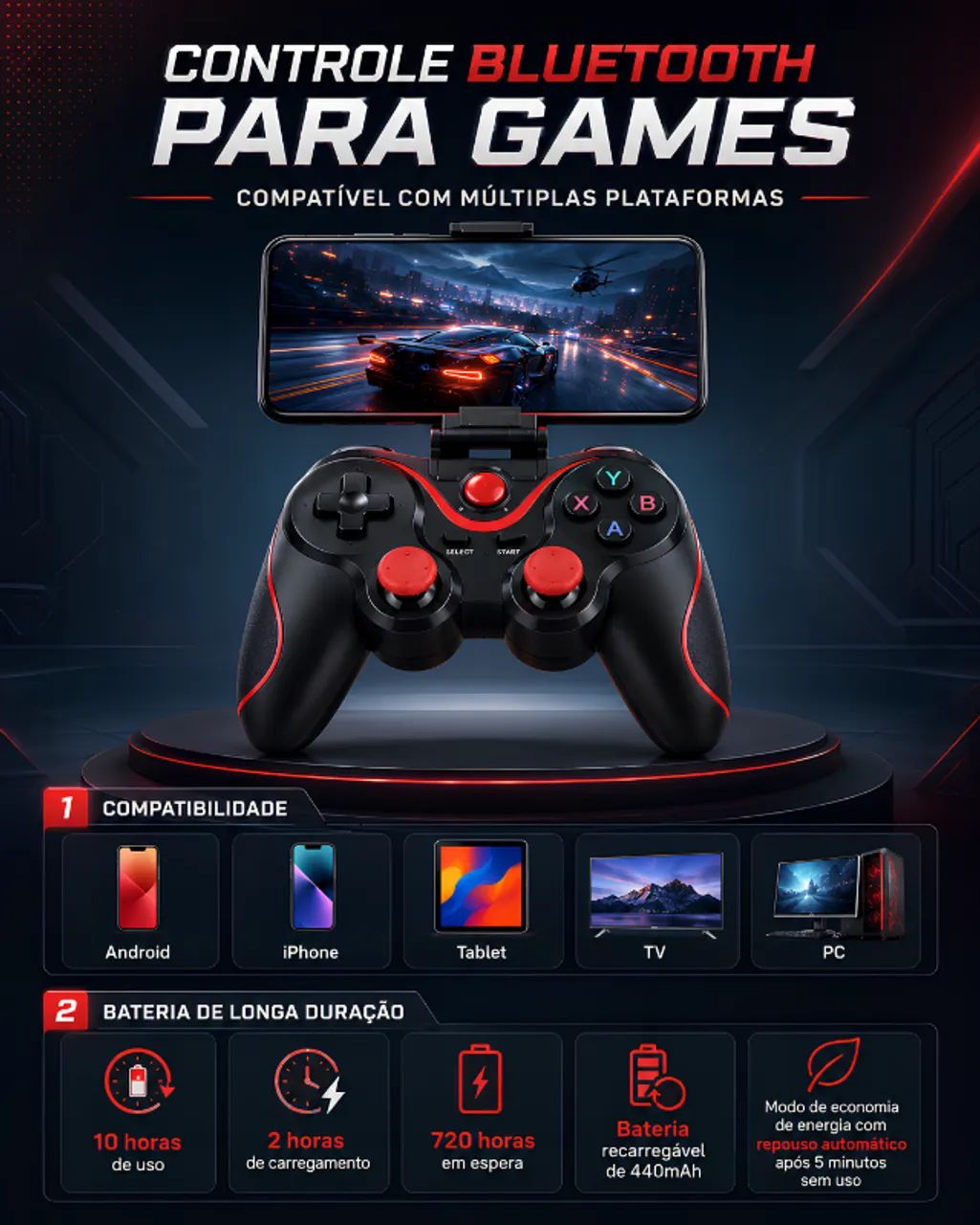CONTROLE BLUETOOTH GAMEPAD PARA CELULAR E PC COM SUPORTE - Foto 3