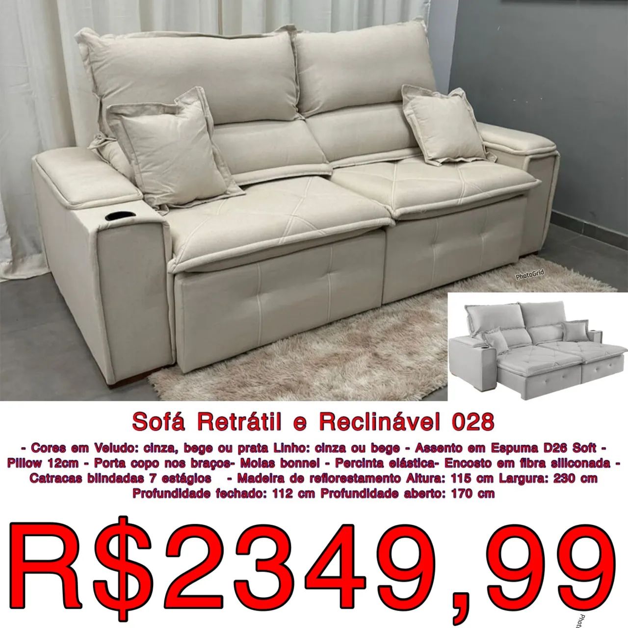 Sofá retrátil e reclinavel Vicam 028 molas tecido linho ou veludo / frete grátis  
