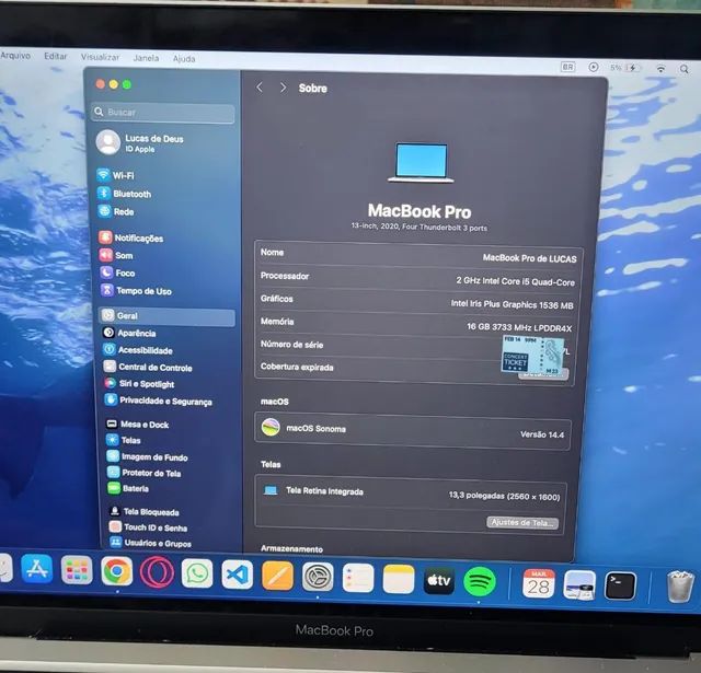 Notebook Apple Macbook Pro 2020 i5 16gb ssd 500gb Macos