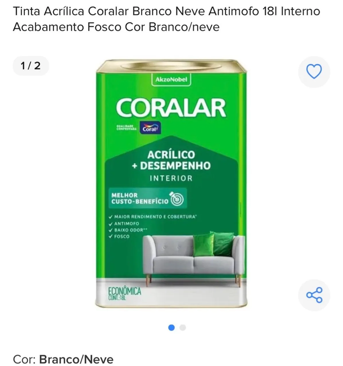 Tinta Acrílica Coralar Branco Neve 18L - Antimofo e Fosco