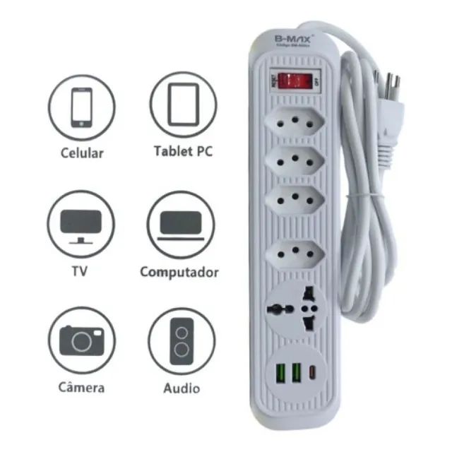 Extensão Filtro De Linha 5 Tomadas 2 Usb 1 Tipo C Universal - Foto 2