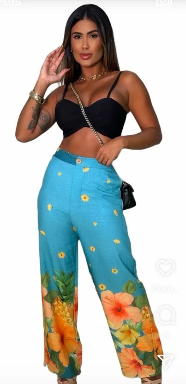Calça Pantalona Estampada Floral Tropical - Foto 2
