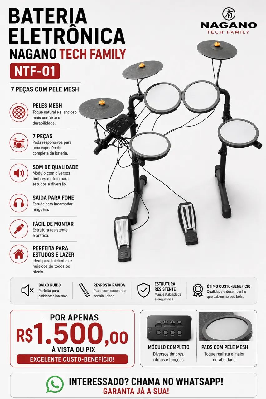 Bateria eletrônica Nagano. 6 meses com NF 