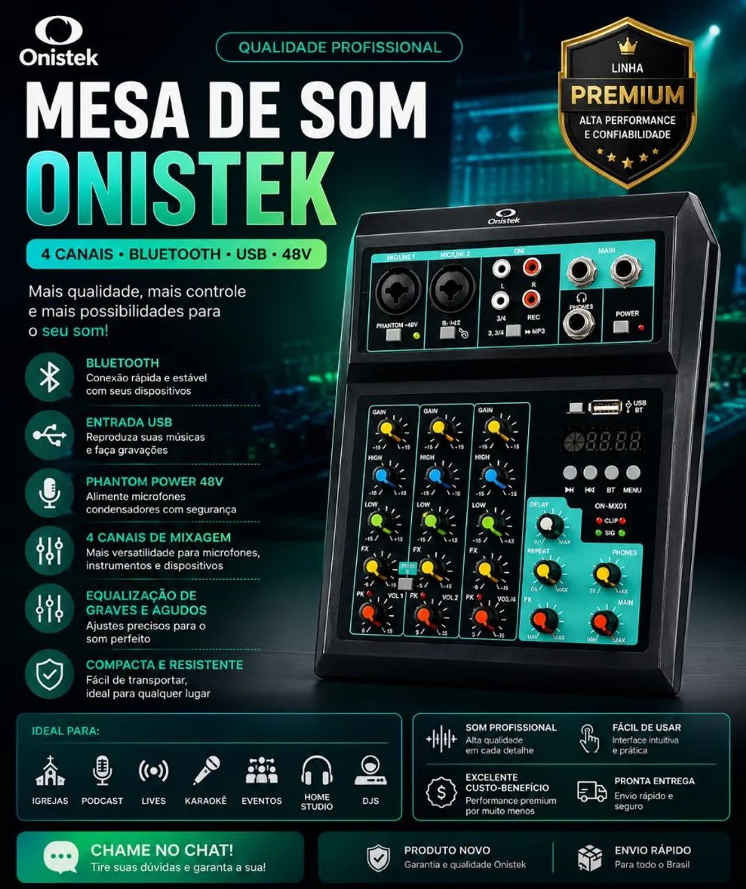 MESA DE SOM ONISTEK 4 CANAIS COM BLUETOOTH + USB + PHANTOM POWER 48V