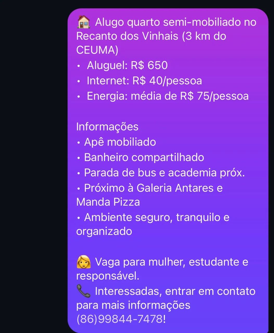 Alugo quarto p/ meninas