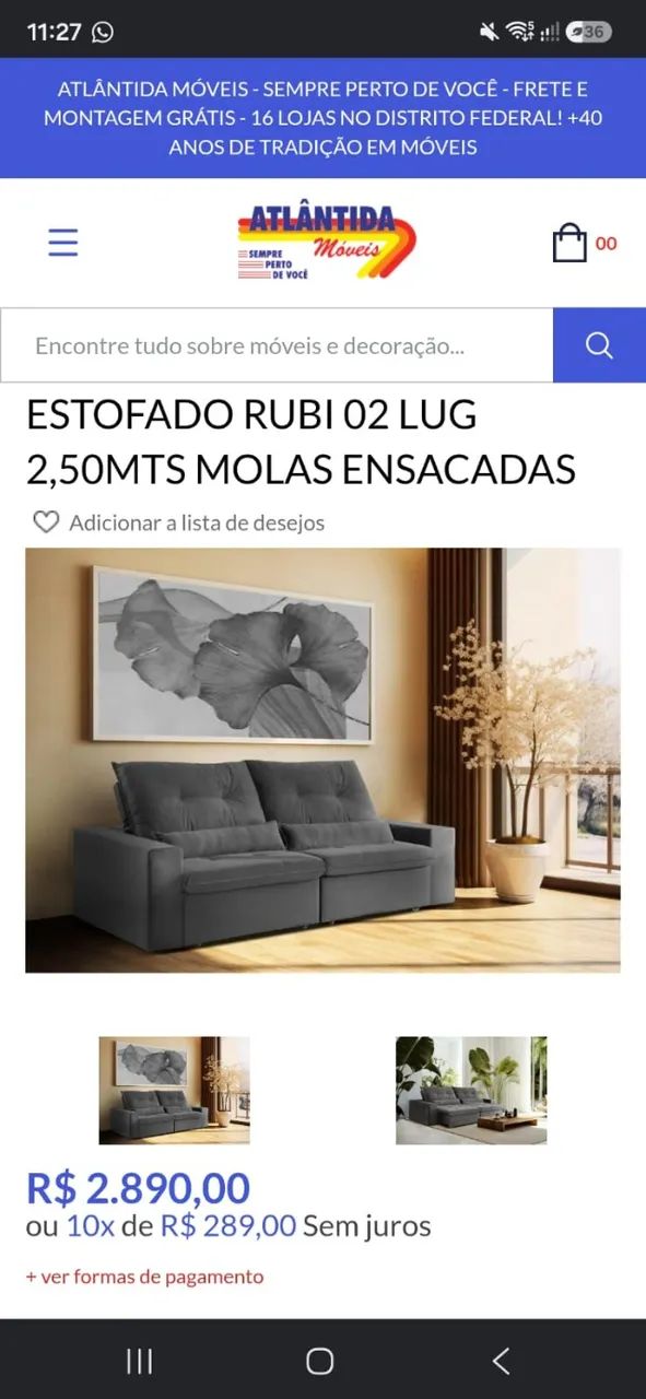 Estofado Rubi na cor cinza com 2,50 metros e meio e molas ensacadas