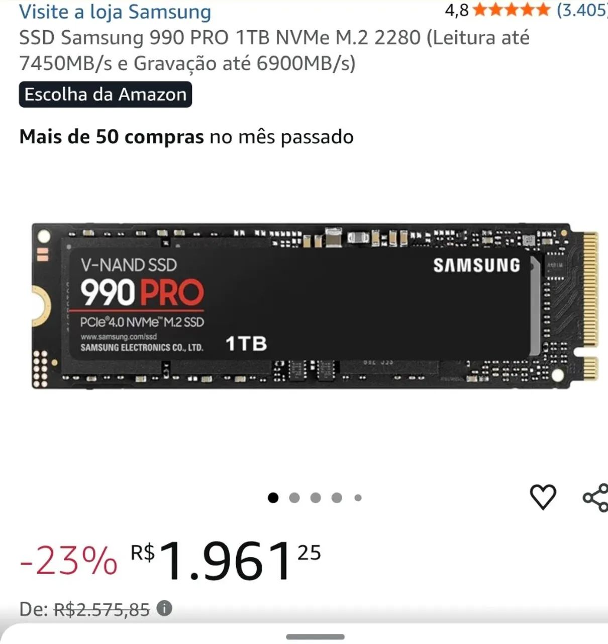 Ssd Samsung 990 PRO 1TB novo original nvme m2 Leitura até 7450MB/s