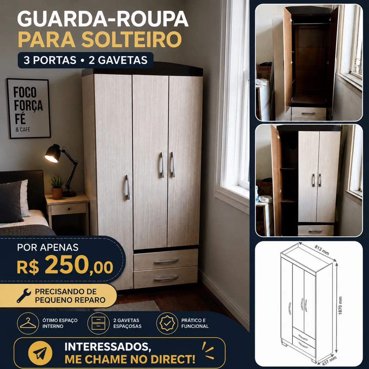 Guarda-roupa solteiro 3 portas e 2 gavetas