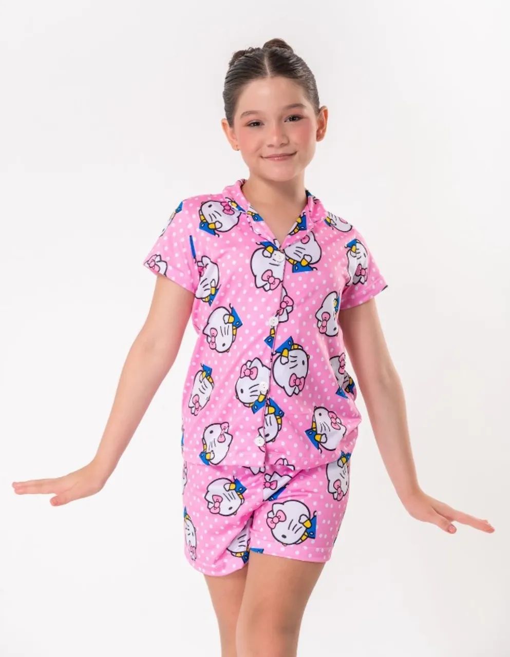 pijama americano infantil hello kitty bolinhas rosa 