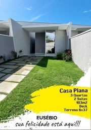 Título do anúncio: Magnífica Casa Plana No Eusébio, Varanda Gourmet, Porcelanato, 3 Quartos, Amplo Quintal.