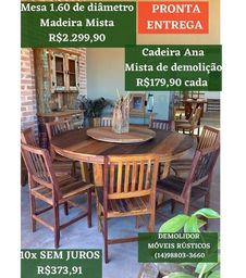 Título do anúncio: Mesa 1.60 de diâmetro em Madeira maciça de demolição R$2.299,90  Cadeira Ana Mista R$179,9