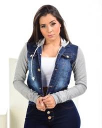 Título do anúncio: Jaqueta jeans moletom manga longa com capuz feminina