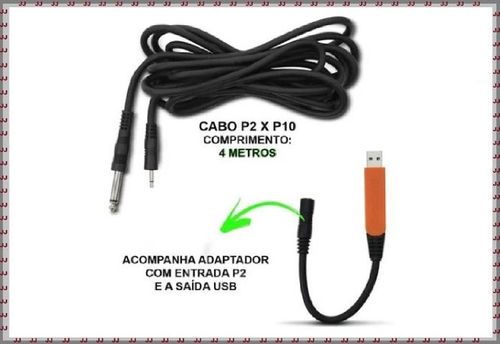 Cabo de som P2 x P10 com 4 metros e adaptador usb