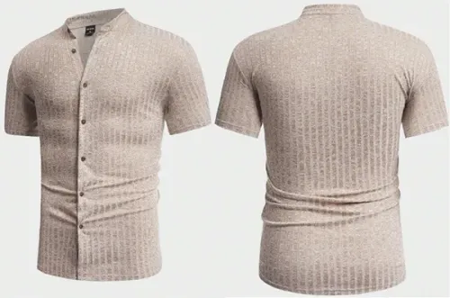Camisa Manga Curta Bege Mescla Canelado, Leve e Confortável