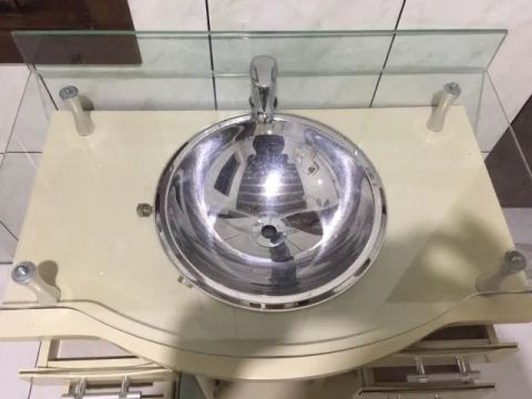 balcão pia para banheiro cuba em inox e tampo vidro temperado