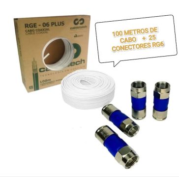 Kit 100 metros de cabos + 25 conectores rg6+10 cabos hdmi