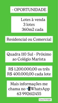 3 lotes na quadra 110 Sul 
