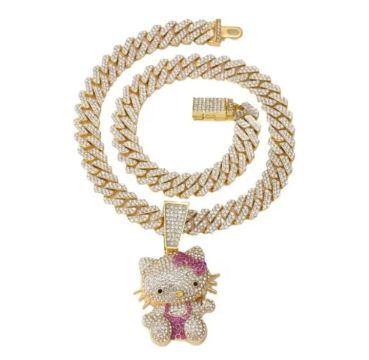 Corrente Cravejada Colar Ice Cravejado De Hip Hop Pingente De Gato Fofo Moda Cubana