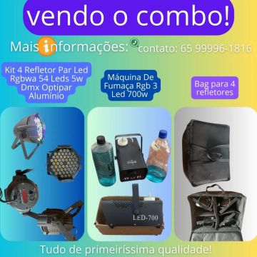 Combo Iluminação - 4 Refletores LED RGBWA + Máquina de Fumaça LED