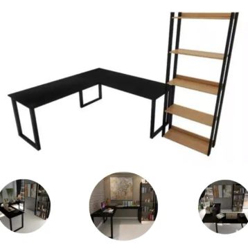 Conjunto Mesa Em L E Estante 5 Prateleiras Madeira