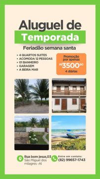 Casa a beira mar para temporada em São Miguel dos Milagres 