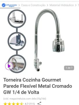 Torneira Cozinha Gourmet Parede Flexível Metal Cromado GW 1/4 de Volta