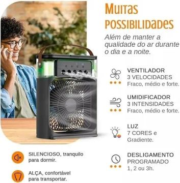 Ventilador portátil 3 em 1 com mini ar condicionado, umidificador e climatizador com LED,