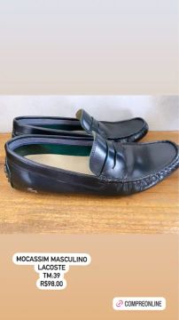 Mocassin couro preto, lacoste, tamanho 39 
