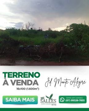Terreno para venda possui 1600 metros quadrados em Jardim Monte Alegre - Campo Grande - MS
