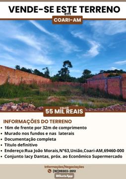 VENDE-SE TERRENO ,16mX32m, área de 512m², Coari, Amazonas 