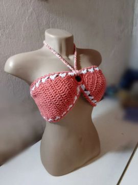 Top Crochê Rosa e Branco