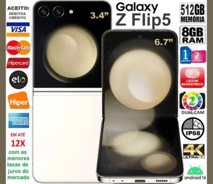 Galaxy Z Flip5 5G 512GB, 8Core, 8GB Ram, Tela 6.7", 2Câm 12MP, Novíss, Caixa, NF, Gar, Trc