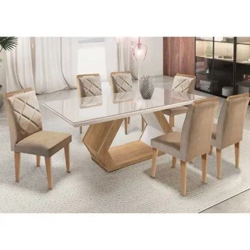Mesa Alvorada 180 Tp Mdf Vidro canto Reto 6 Cadeiras 
