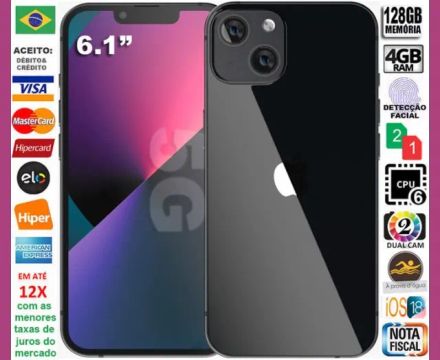 iPhone 13 5G 128GB 6Core, 4GB Ram, Tela 6.1", 2Câm 12MP, Novíssimo, Nota, Gar, Troco! 