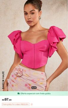 Blusa cropped pink com mangas bufantes