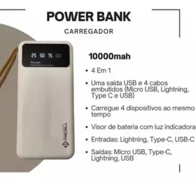 Power Bank 10000mah - Carregador Portátil 4 Em 1