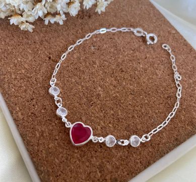 Pulseira Prata com Coração Vermelho e Zircônias