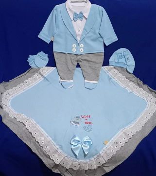 Saida de Maternidade Menino 4 Peças Azul Bebê Modelo Casaco