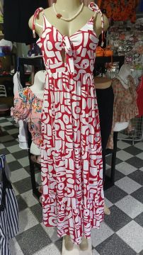 Vestido Longo Vermelho com Estampa Abstrata