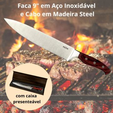 Faca 9'' em Aço Inoxidável com Cabo em Madeira Churrasco Mor presente 