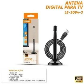 Antena TV Digital Lelong Hdtv Uhf Vhf Interna 4 Dbi e Cabo 5M