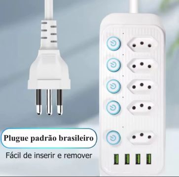 Extensão Universal Régua Bivolt, Conveniente e Seguro, 5 Soquetes, 4 USB,, 220V