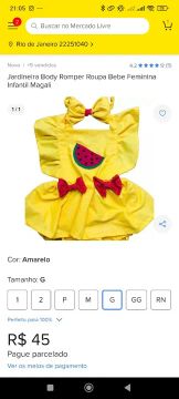 Jardineira Body Romper Bebê Feminina Magali - Tamanho G