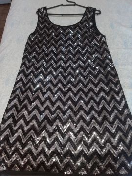 Vestido Sequined Chevron Preto e Prata