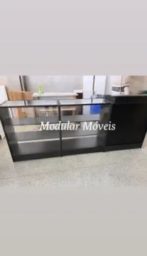 Balcão Caixa + 2 Balcões Vitrine com Vidro Superior - MDF Preto
