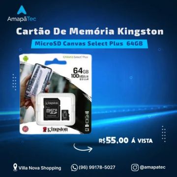 Cartão de memória Kingston microSD de 64GB  100MB/s