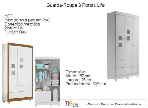 Guarda-Roupa Infantil 3 Portas Life / 2 cores disponíveis 