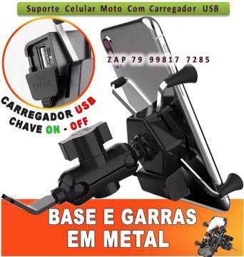 Suporte Celular Moto Com Carregador Universal Usb Garra e Botão Liga Desliga